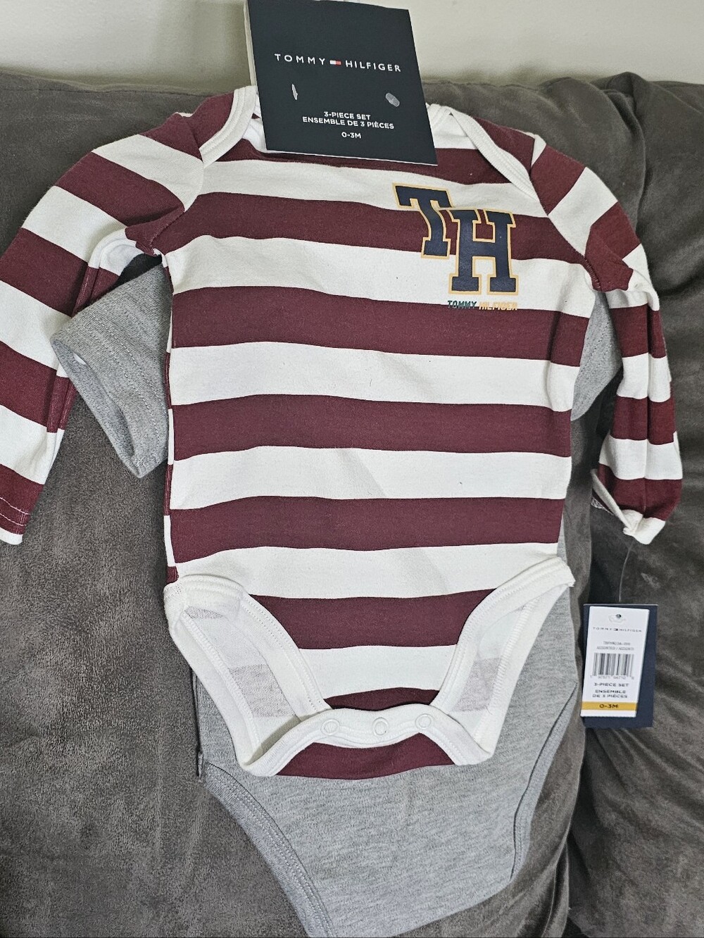 NWT Tommy Hilfiger Burgundy & White Striped Long-Sleeve Bodysuit